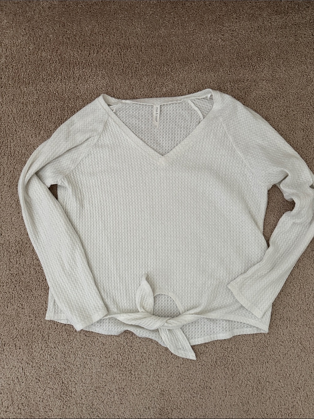 V-Neck Tie-Front Waffle Knit Top - White
